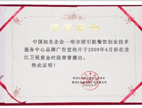 龙江卫视荣誉证书